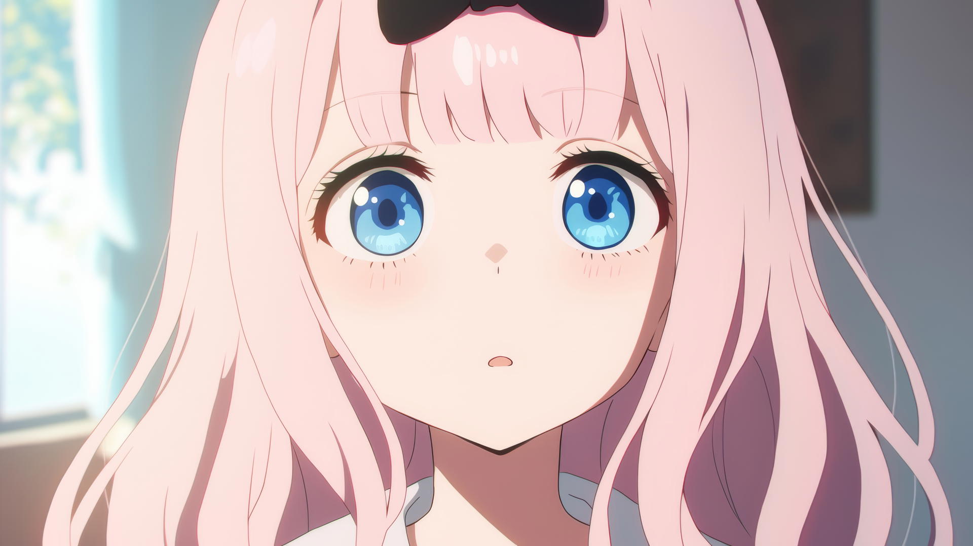 Chika Fujiwara with shoulder-length light pink hair, black bow in bangs, blue eyes