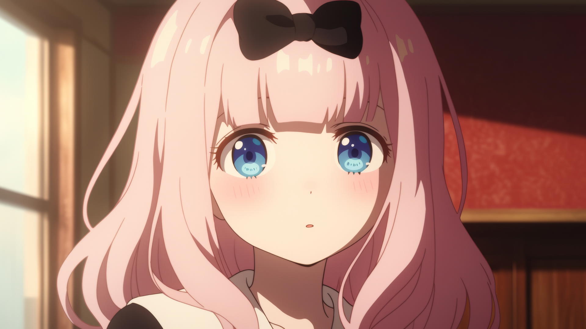 Chika Fujiwara with light pink hair, black bow, and blue eyes