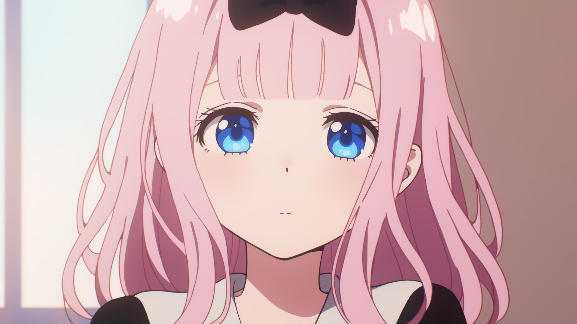 Chika Fujiwara with light pink hair and blue eyes, black bow in square bangs