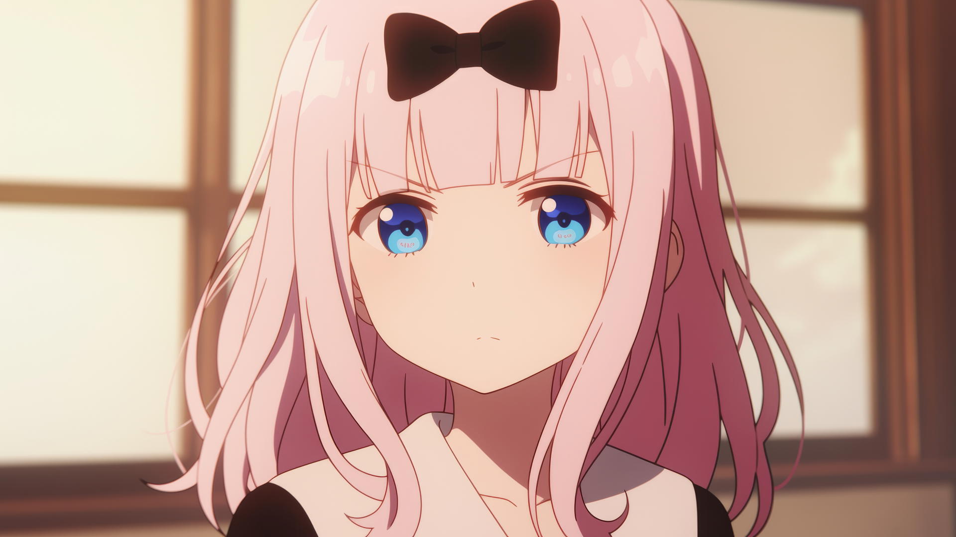 Chika Fujiwara with light pink hair, black bow in square bangs, and blue eyes