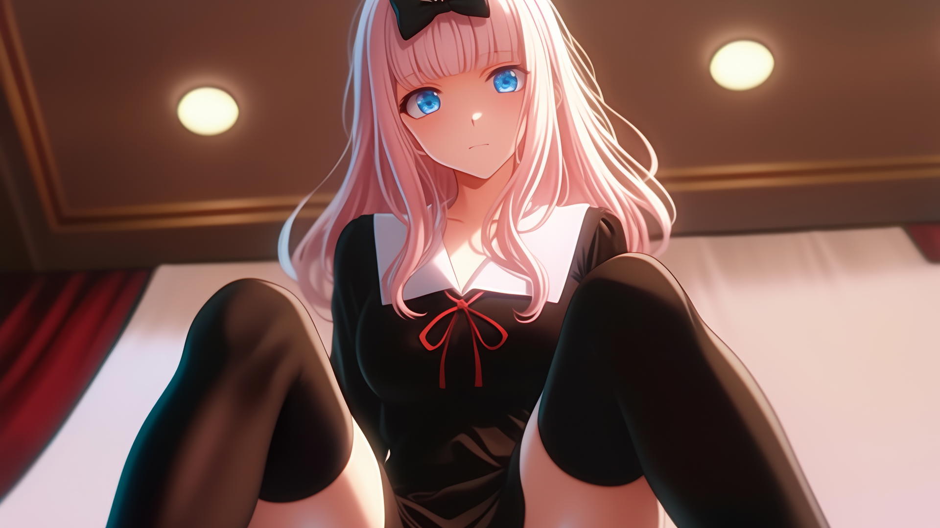 Chika Fujiwara kneeling, looking down, hotel ceiling background.