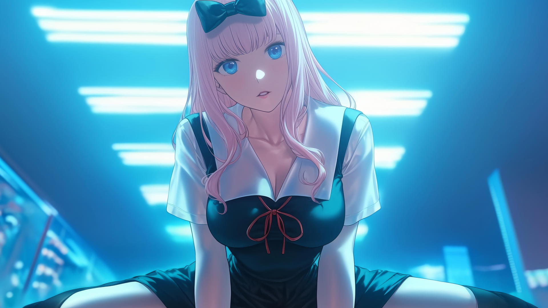 Chika Fujiwara from Kaguya-sama wa Kokurasetai, seen from below with hotel ceiling in background, light pink hair, blue eyes.