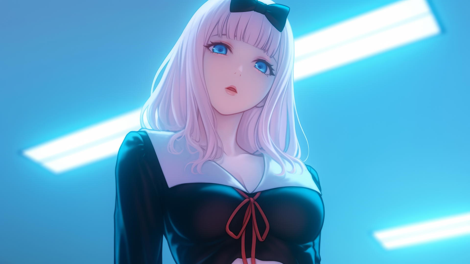 Chika Fujiwara from Kaguya-sama wa Kokurasetai kneeling, looking down with a hotel ceiling background.