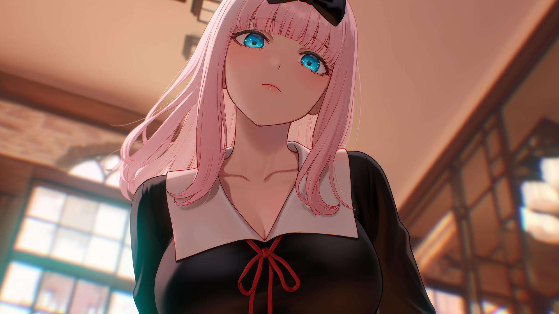Chika Fujiwara kneeling with pink hair, black bow, blue eyes; hotel ceiling background.