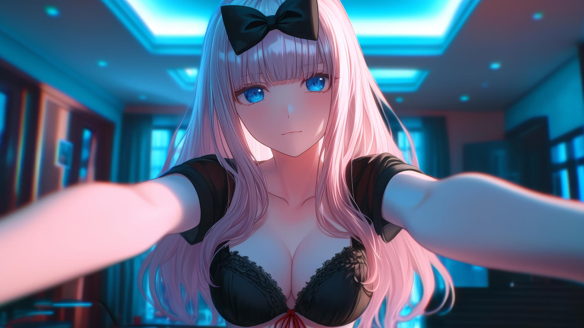 Chika Fujiwara kneeling, looking down, with neon-lit hotel ceiling background