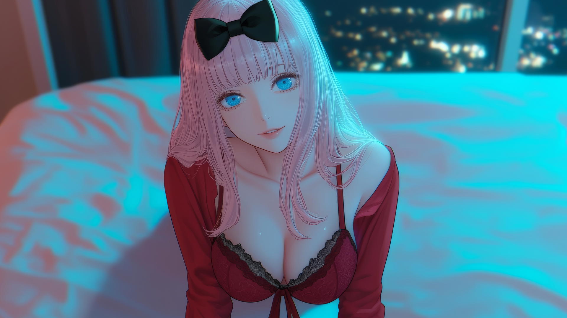 Chika Fujiwara kneeling in Christmas attire with pink hair and blue eyes, under neon light.