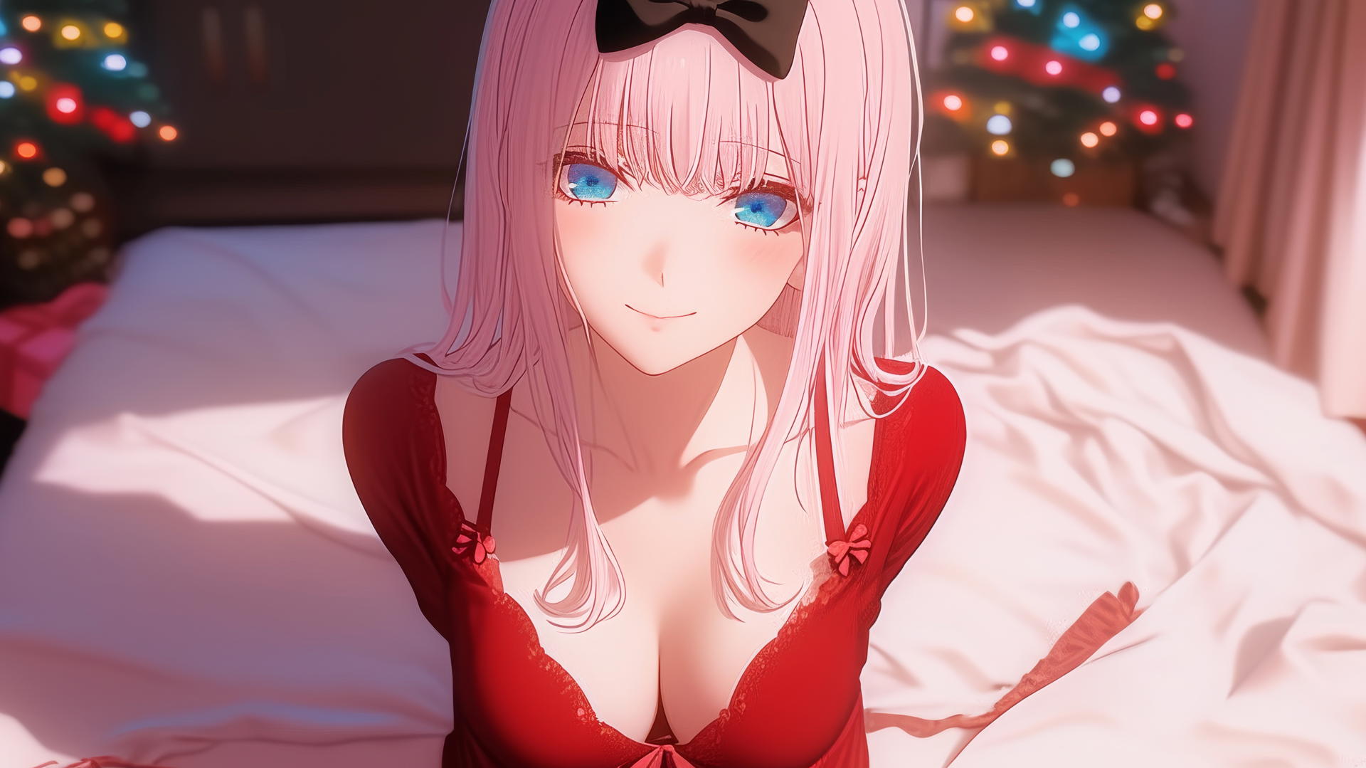 Chika Fujiwara in Christmas attire kneeling, looking up with neon hotel lighting.