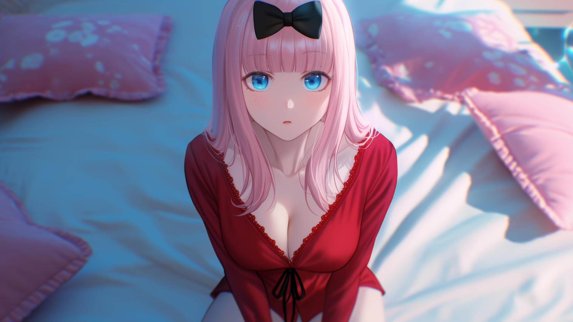 Chika Fujiwara from Kaguya-sama wa Kokurasetai, seen from above, kneeling, red Christmas outfit, neon glow.
