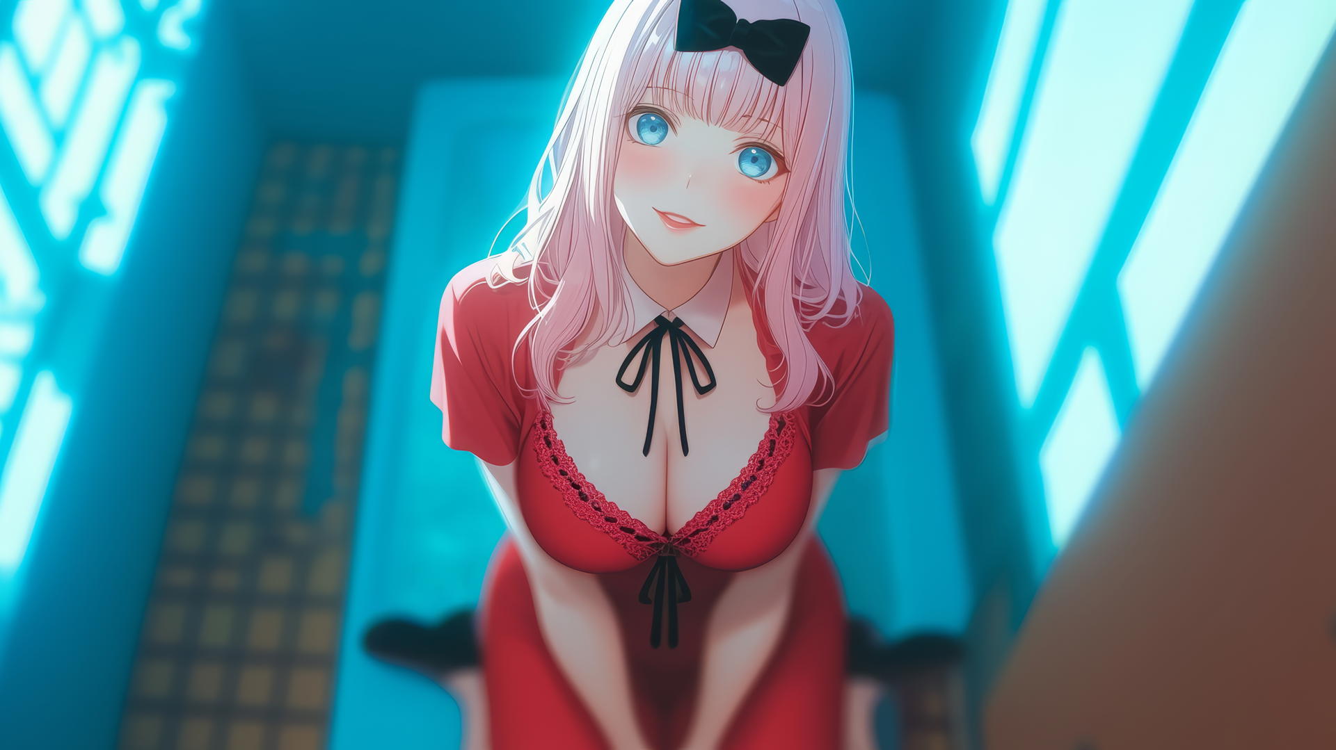 Chika Fujiwara from Kaguya-sama wa Kokurasetai kneeling in a modern hotel tub, looking up, wearing Christmas-style red.