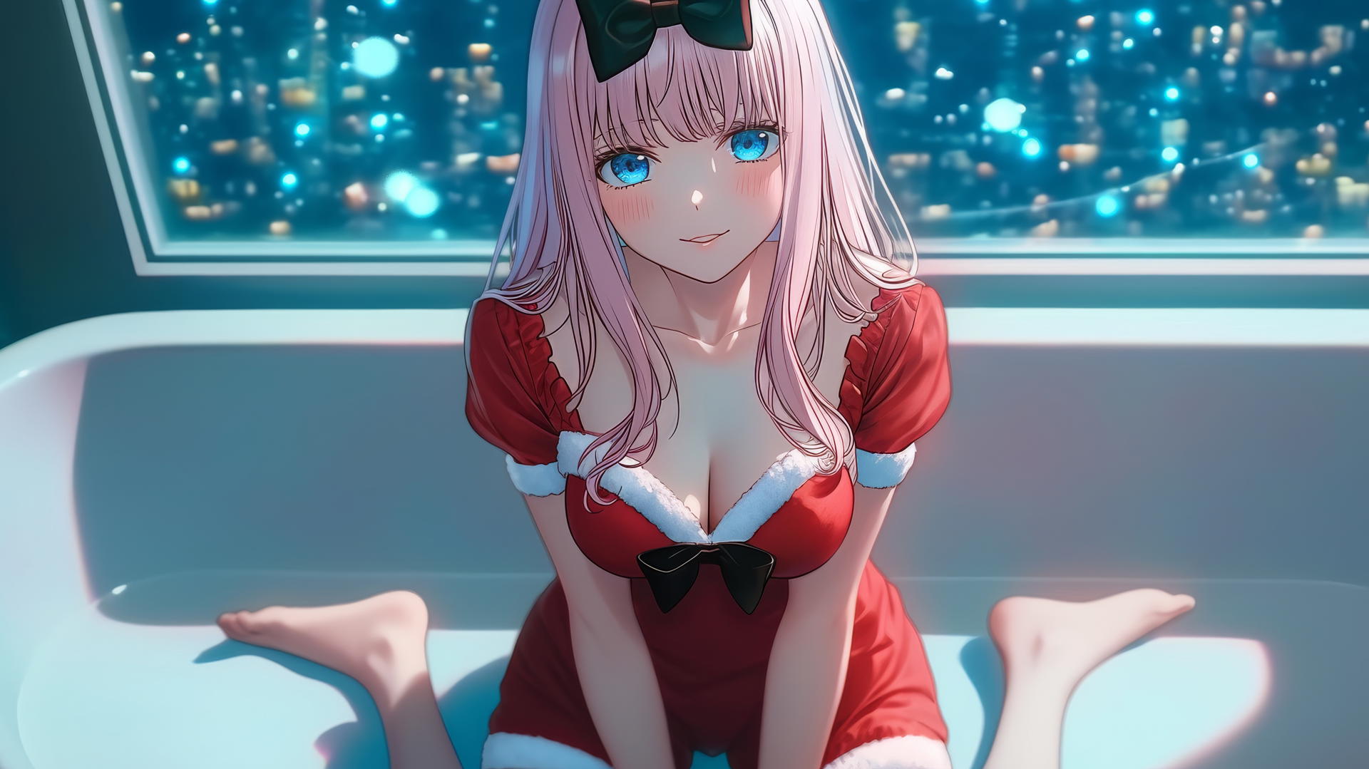 Chika Fujiwara kneels in a modern hotel tub, looking up, wearing red Christmas attire.