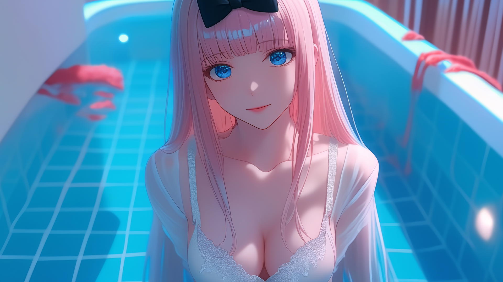 Chika Fujiwara kneeling in a tub, neon light glowing on her light pink hair.