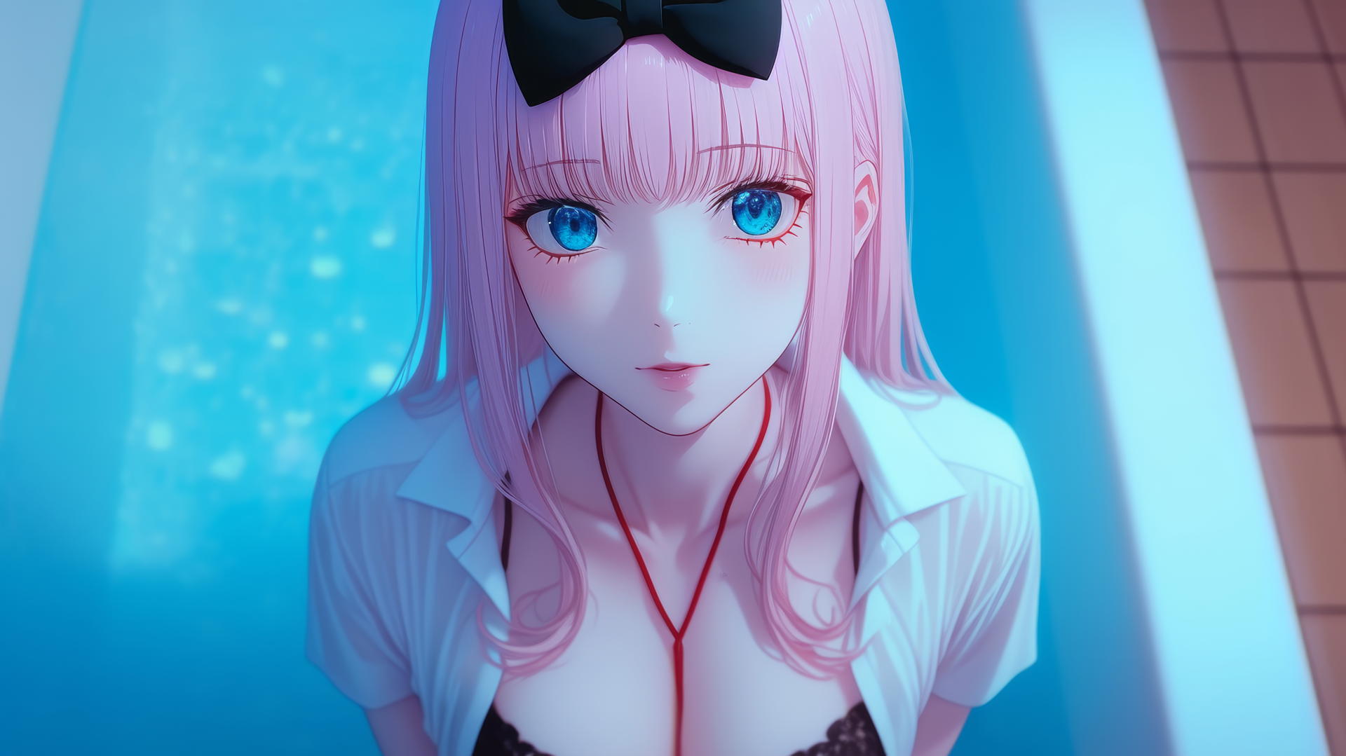 Chika Fujiwara kneeling in a modern hotel tub, looking up, neon light glow.