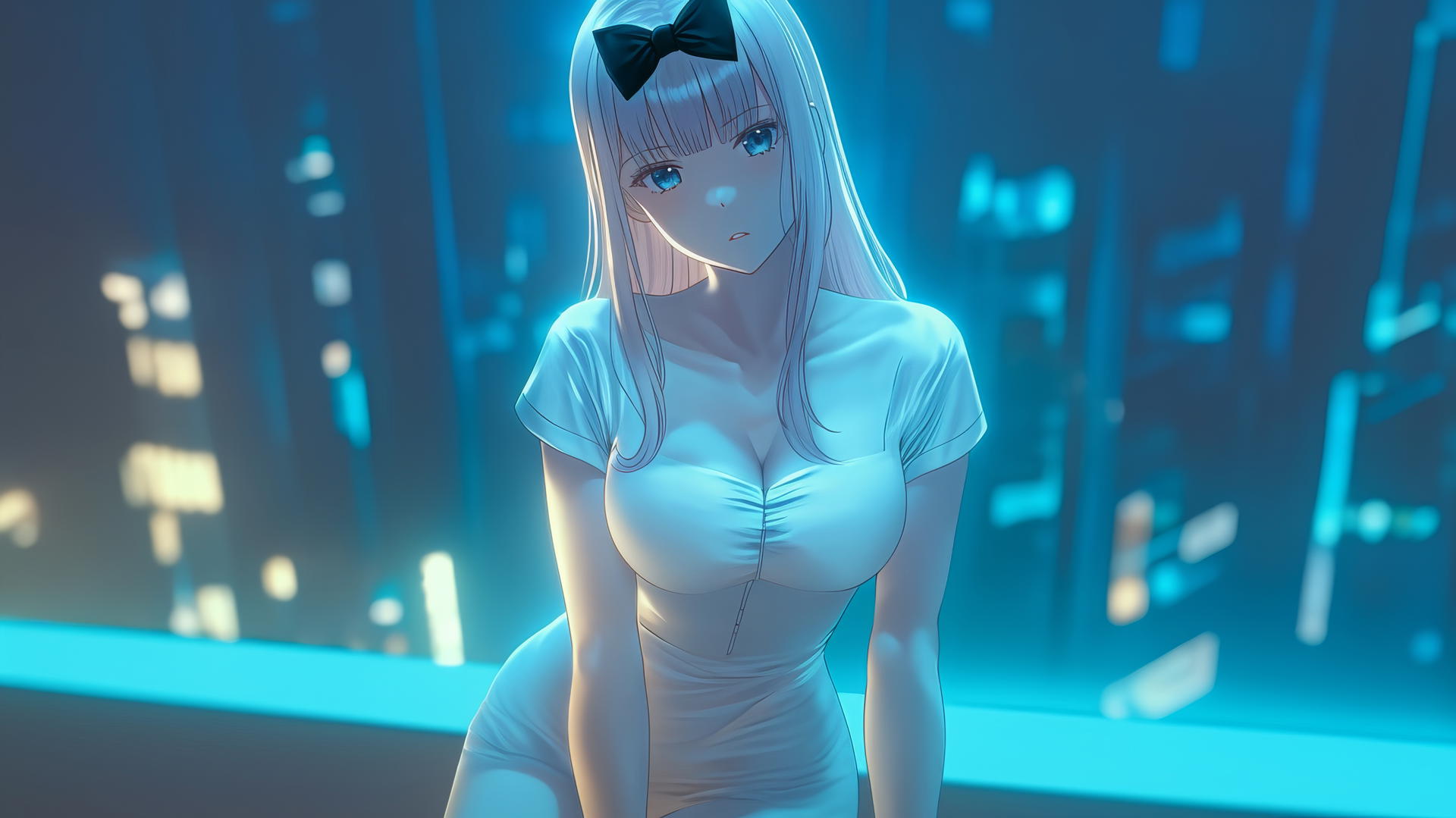 Chika Fujiwara kneeling and looking up in a hotel tub with neon lighting.
