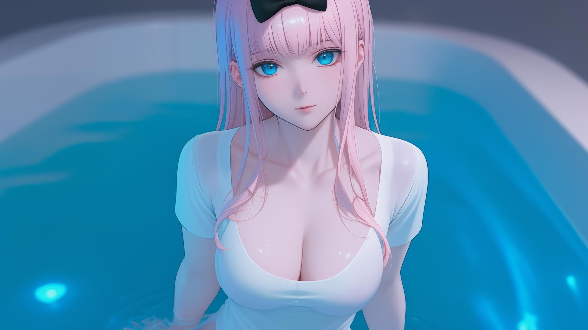 Chika Fujiwara kneeling in a hotel tub, looking up, with neon light glow