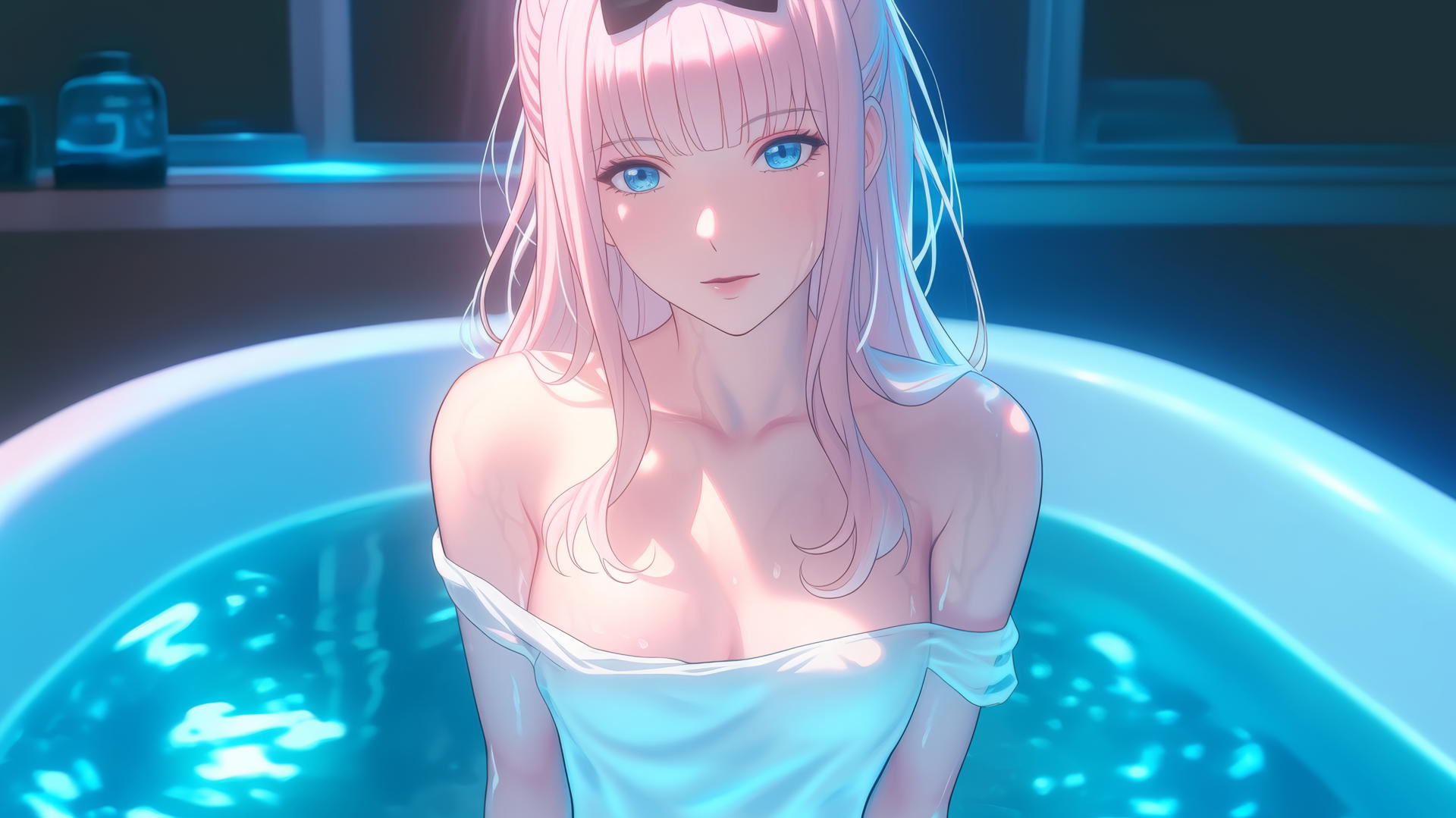 Chika Fujiwara kneeling in a modern hotel tub, looking up