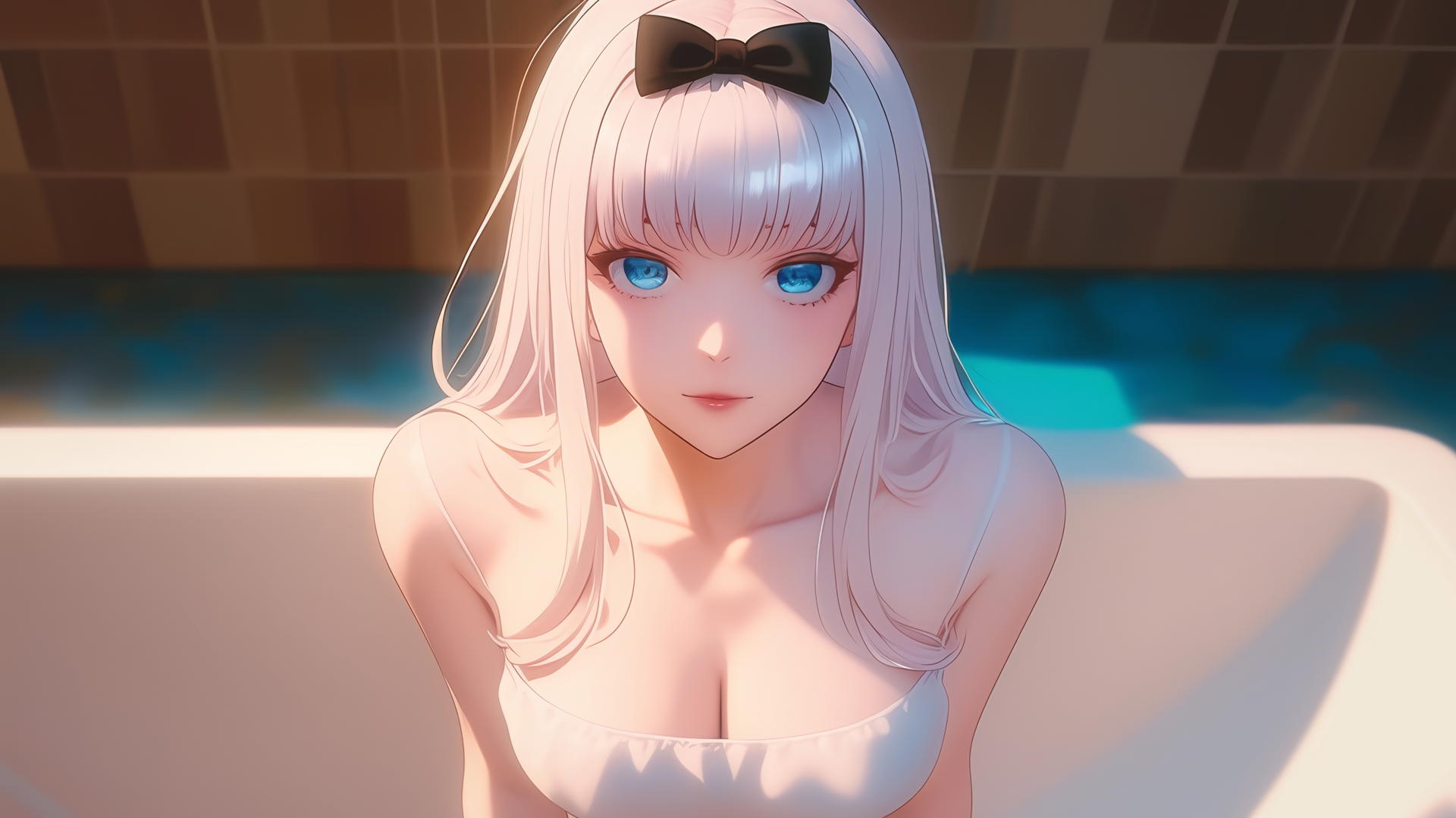 Chika Fujiwara kneeling in a cozy tub, looking up with light pink hair, blue eyes, in a neon-lit modern hotel room.