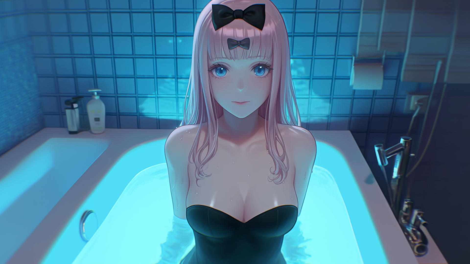 Chika Fujiwara kneeling in a tub, looking up, neon hotel room lighting.