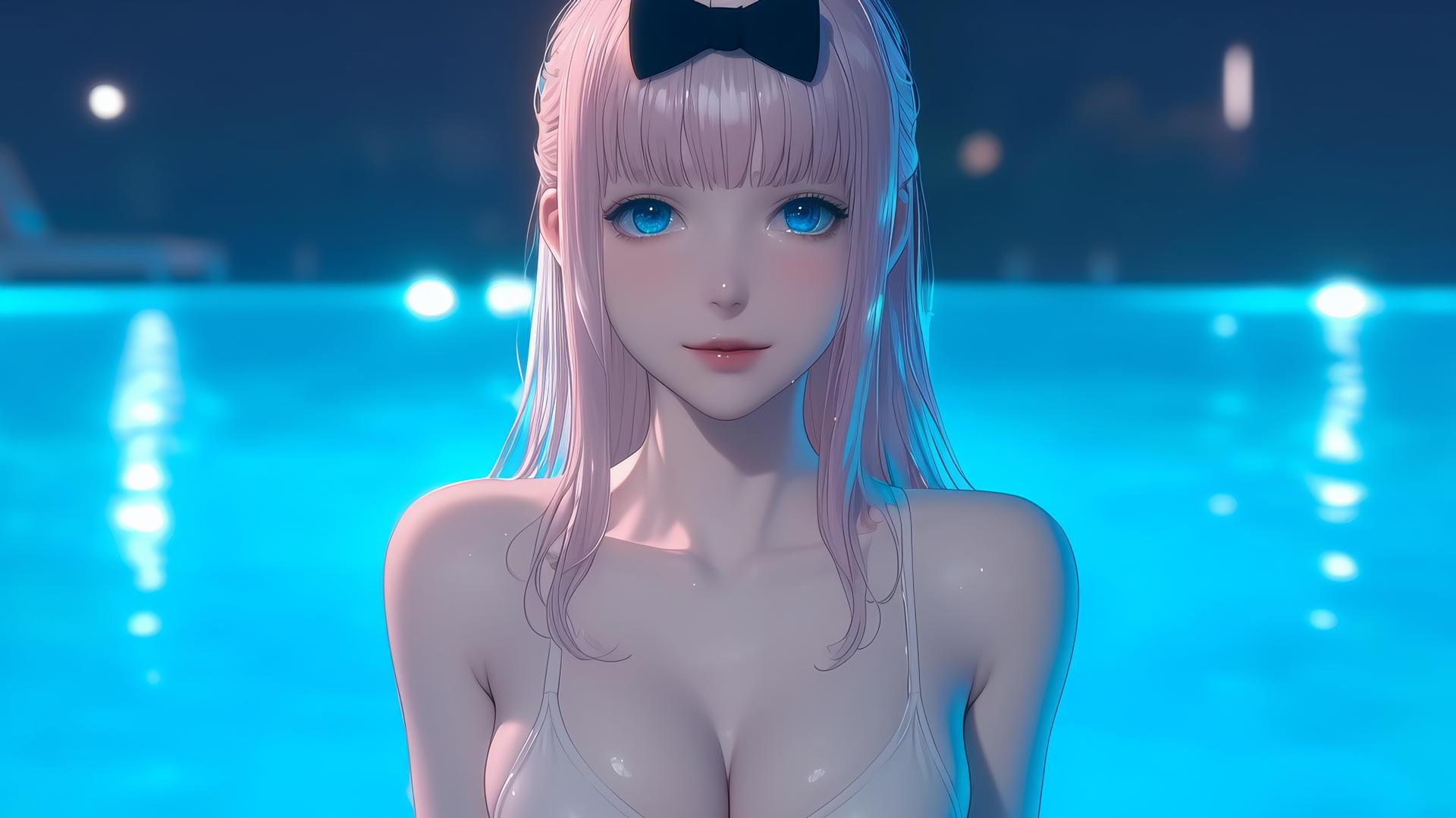 Chika Fujiwara from Kaguya-sama, resting by the swimming pool, with light pink hair and blue eyes, moonlight softly glowing on her.