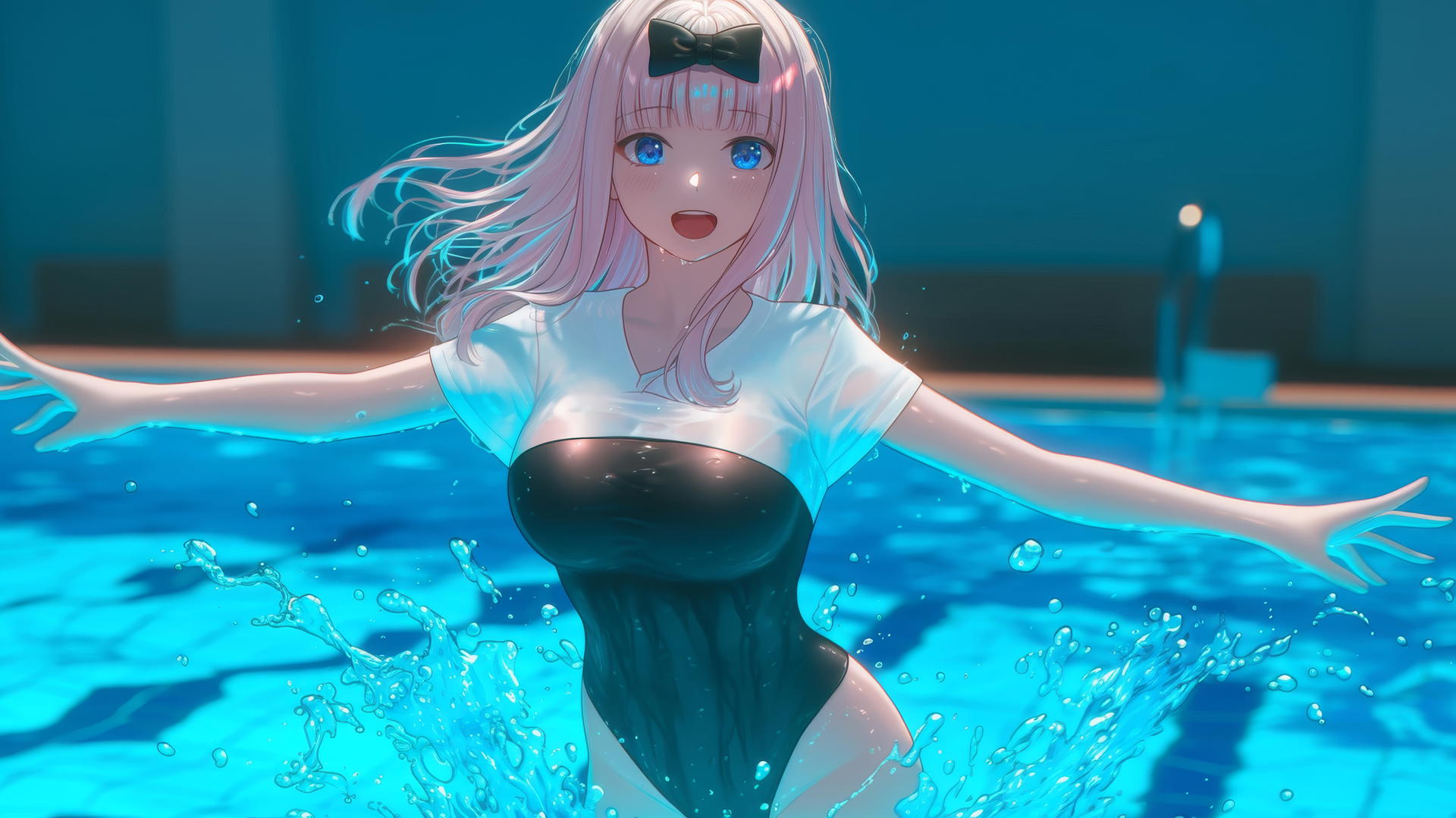 Chika Fujiwara with light pink hair and blue eyes jumping out of a swimming pool under moonlight.