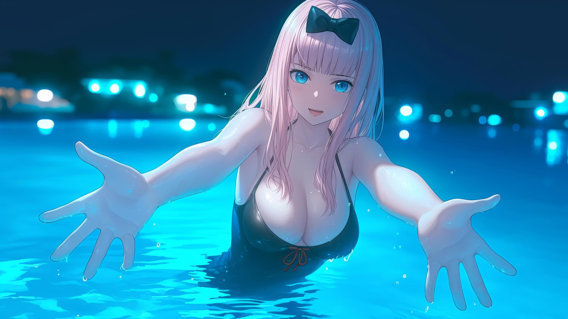 Chika Fujiwara jumping out of a swimming pool under moonlight.