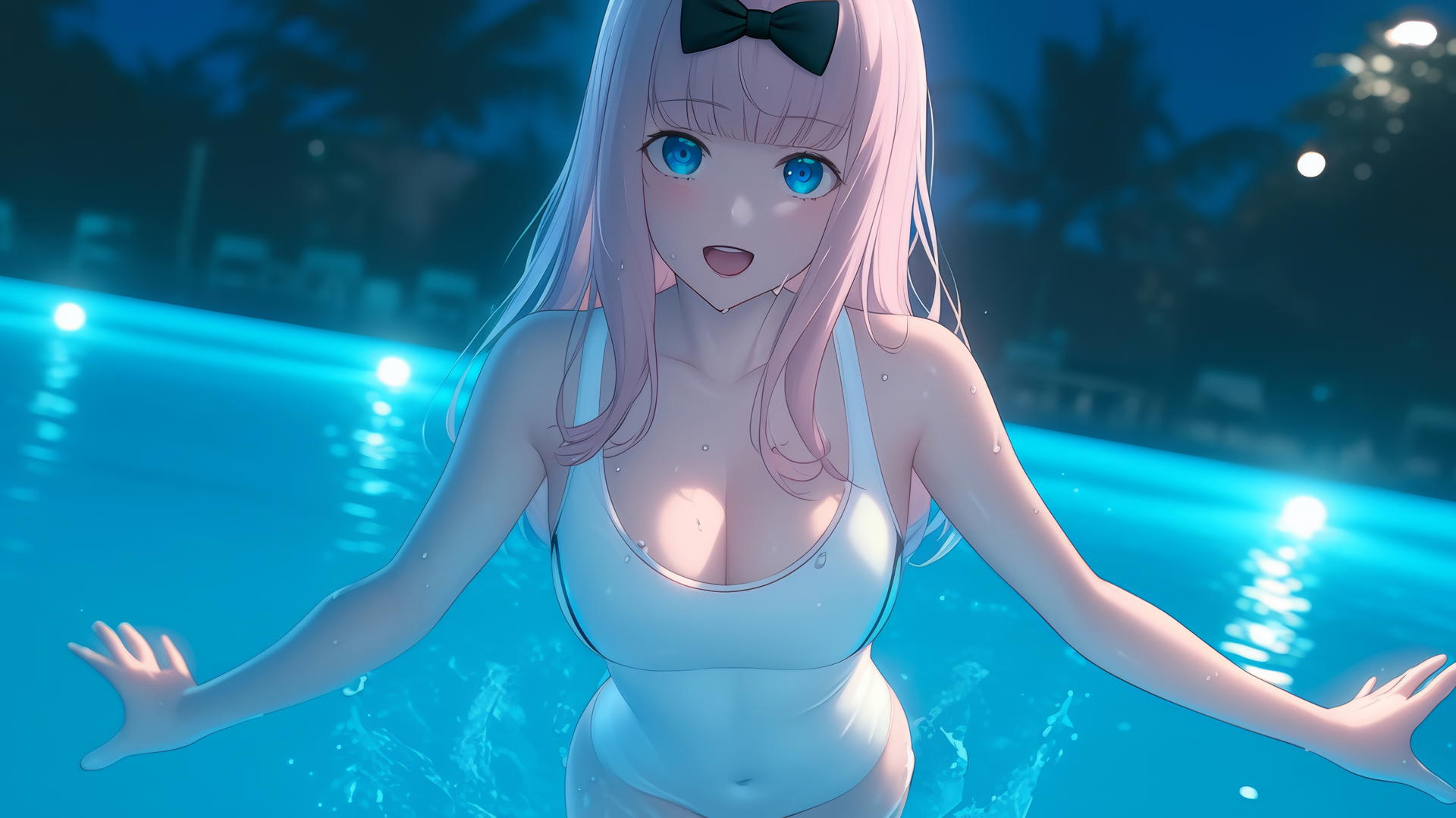 Chika Fujiwara with pink hair and blue eyes jumping out of swimming pool under moonlight