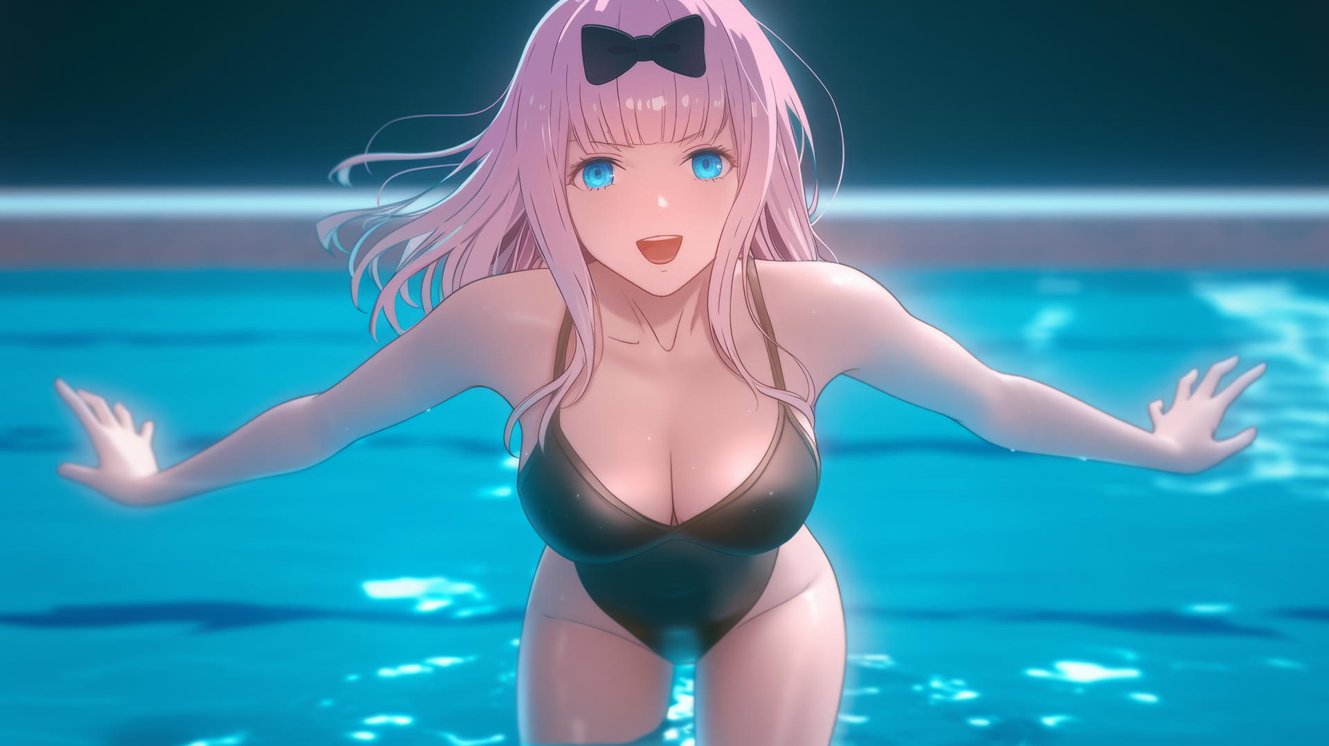 Chika Fujiwara from Kaguya-sama wa Kokurasetai jumping out of a swimming pool with light pink hair, blue eyes, and moonlight glow.