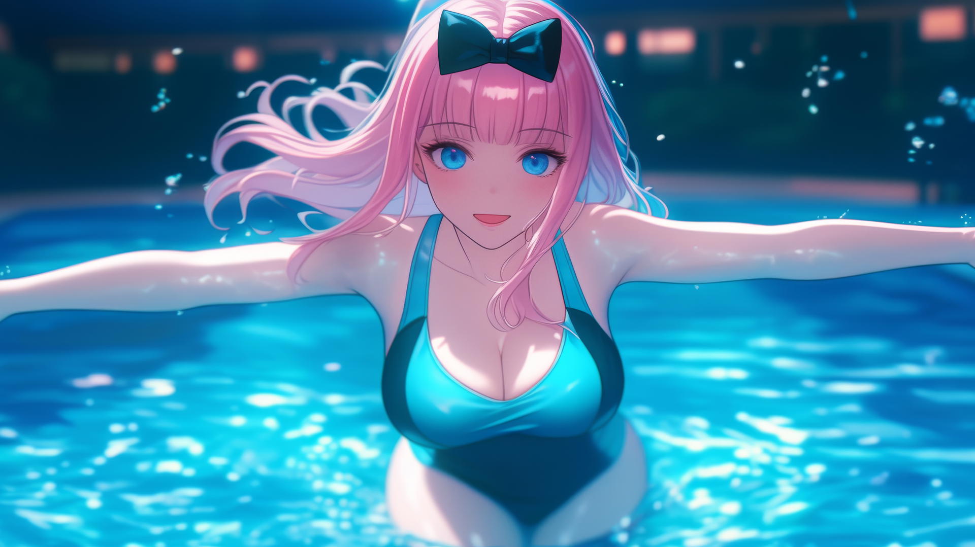 Chika Fujiwara jumping out of a swimming pool under moonlight