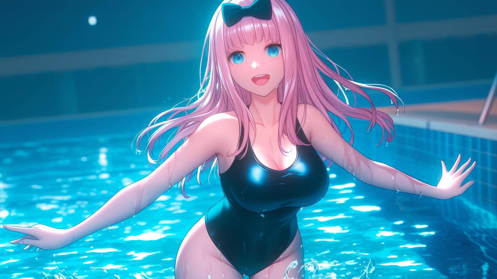 Chika Fujiwara with light pink hair, a black bow, and blue eyes jumps out of a swimming pool under moonlight.