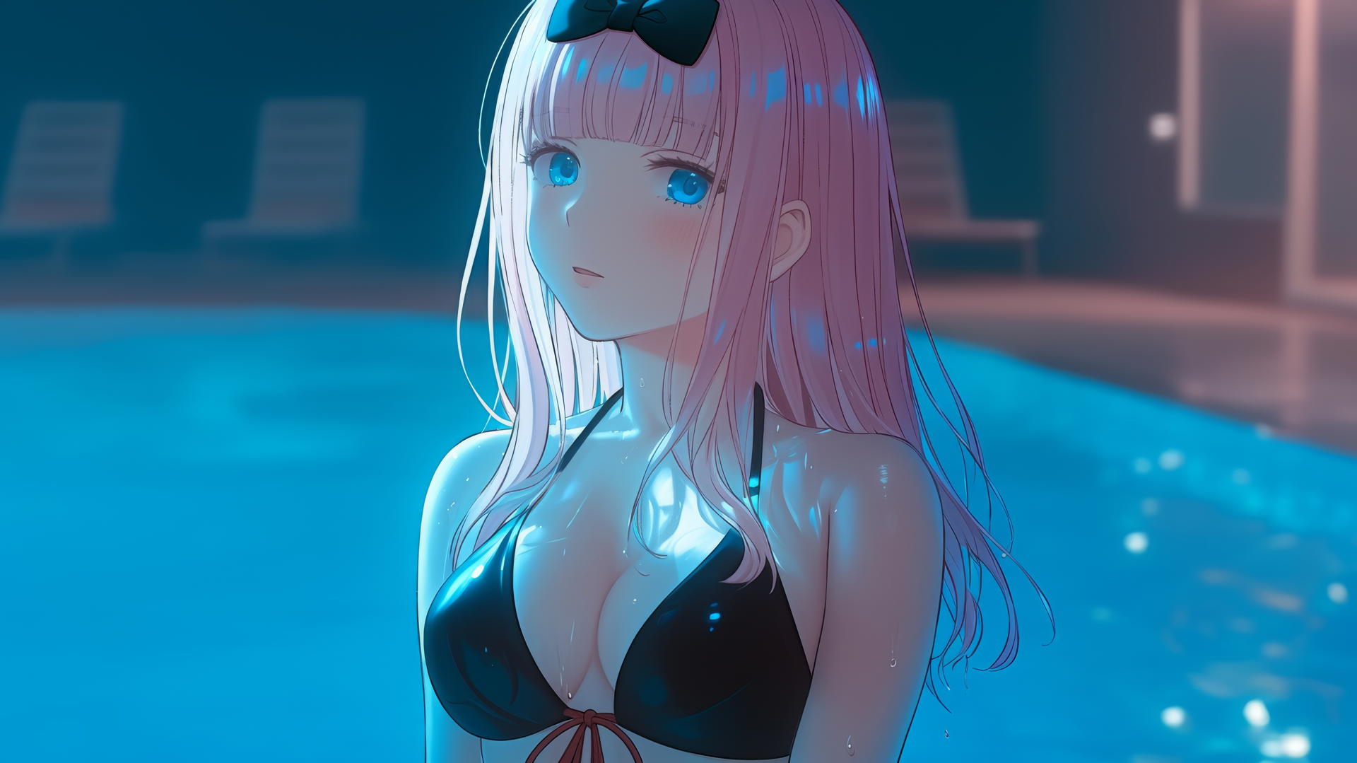 Chika Fujiwara resting at a swimming pool under moonlight.