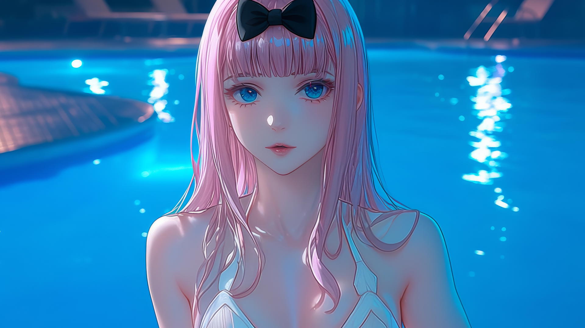 Chika Fujiwara from Kaguya sama wa Kokurasetai resting by a swimming pool under moonlight