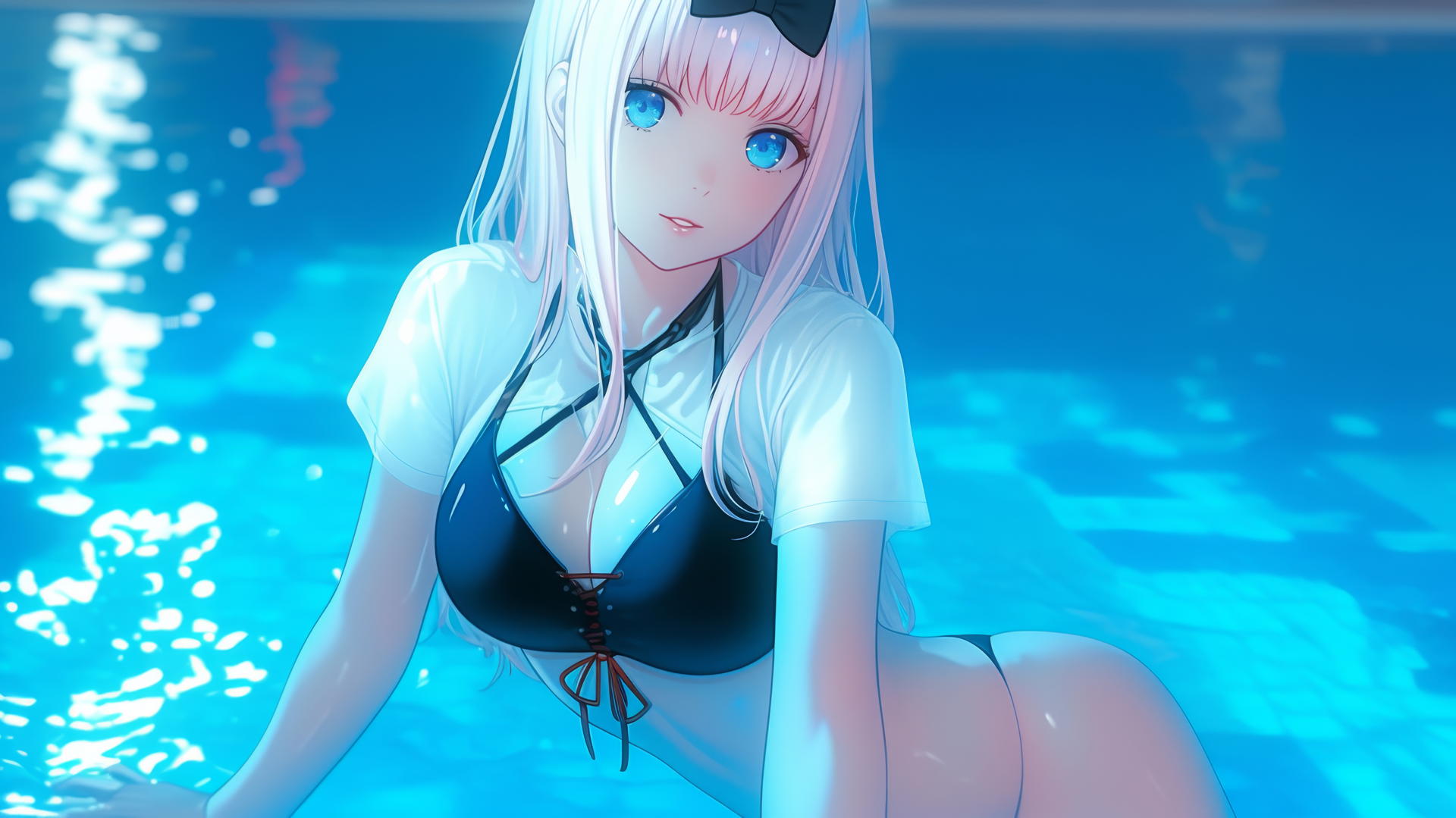 Chika Fujiwara with light pink hair and blue eyes, resting by a pool under moonlight.