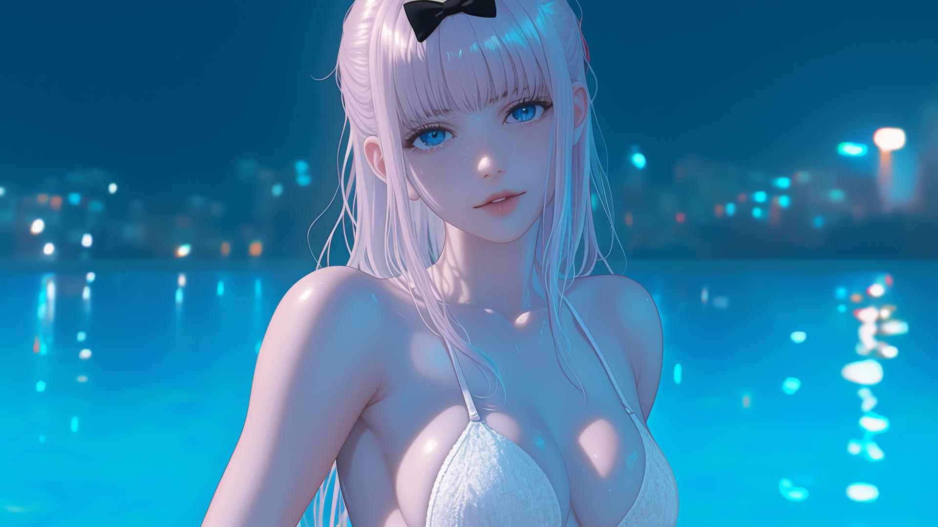 Chika Fujiwara with light pink hair and blue eyes, resting in a modern apartment under moonlight.