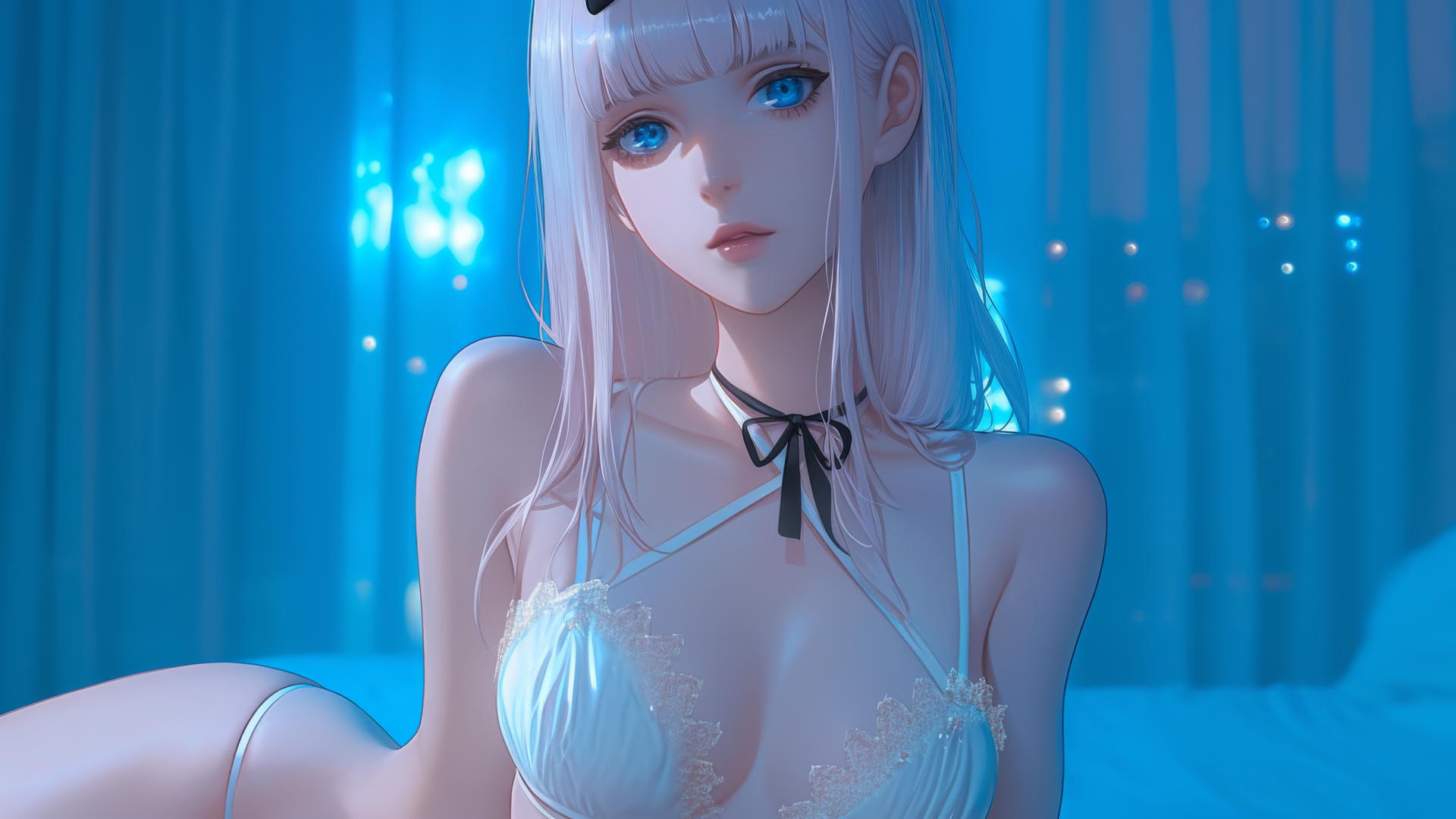 Chika Fujiwara with pink hair and a black bow resting in a modern apartment with moonlight.