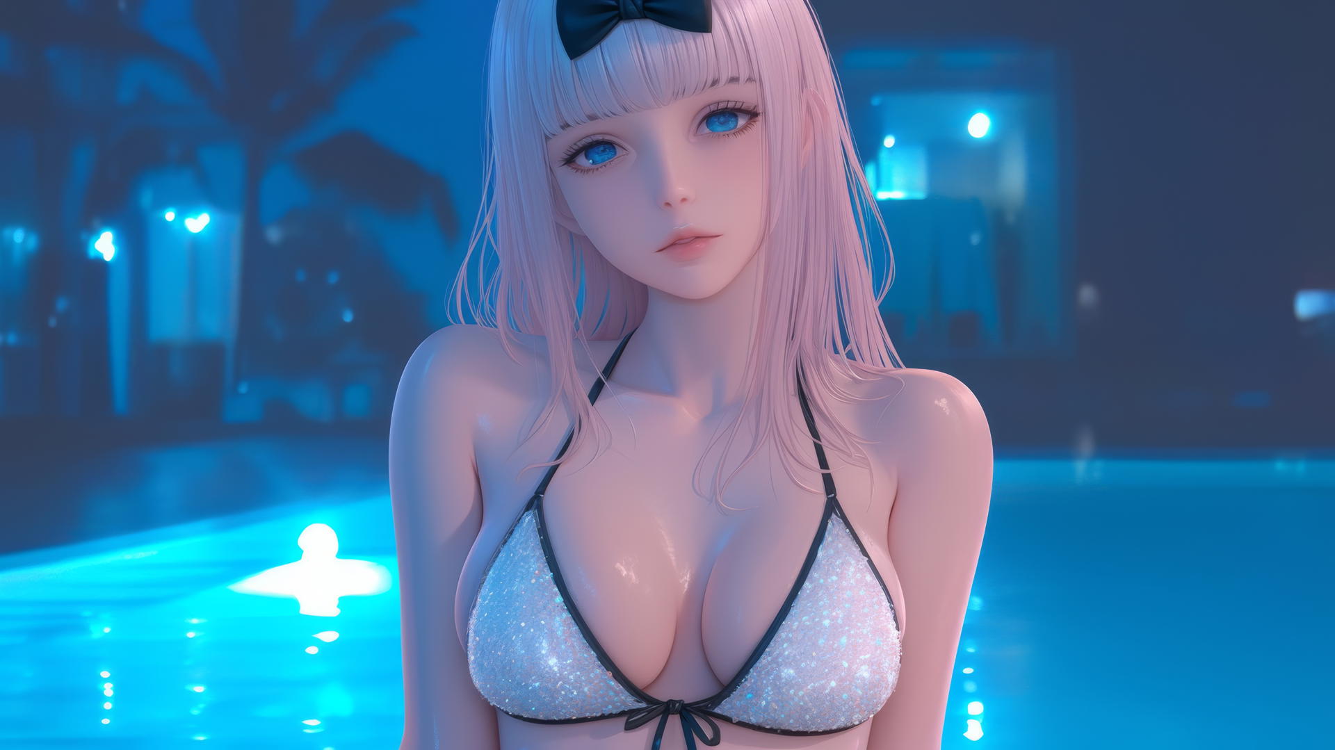 Chika Fujiwara resting in a modern apartment, illuminated by moonlight