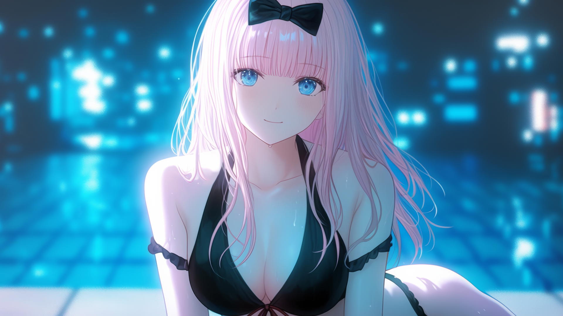 Chika Fujiwara relaxing by swimming pool under moonlight, pink hair, black bow.