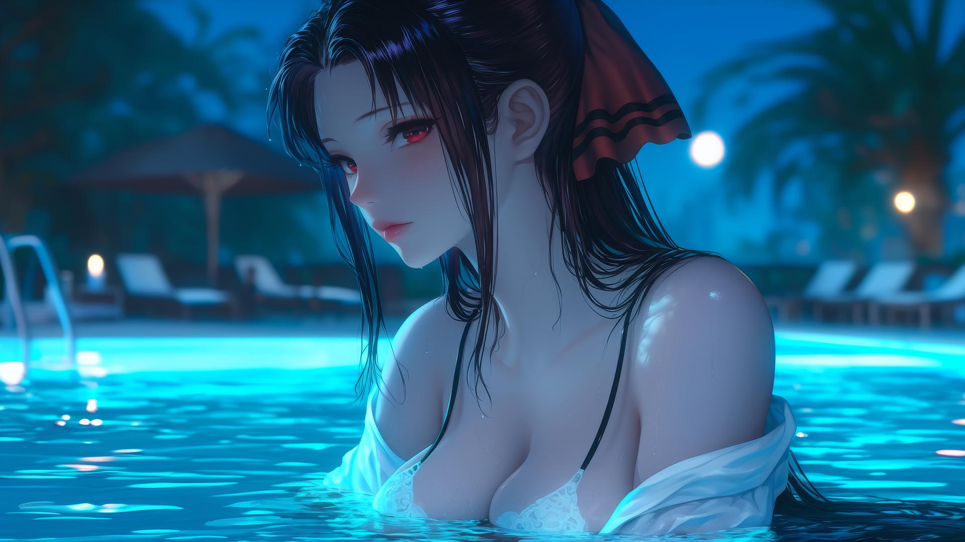 Kaguya Shinomiya resting at a swimming pool under moonlight