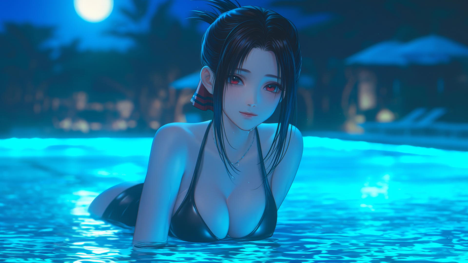 Kaguya Shinomiya with red eyes resting by a swimming pool at night under moonlight.