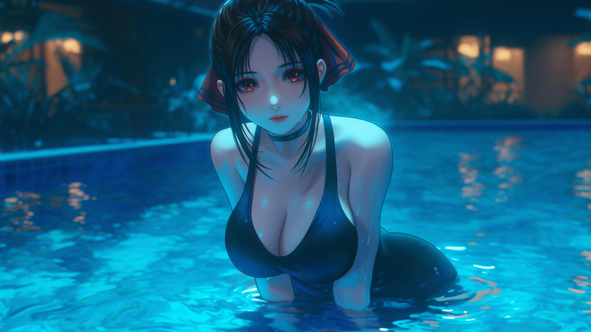 Kaguya Shinomiya with red eyes, resting at a moonlit pool