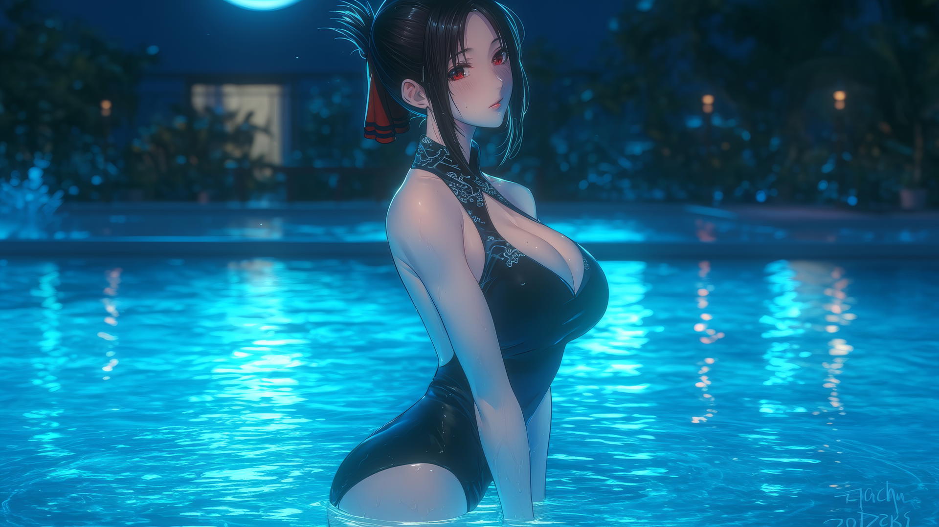 Kaguya Shinomiya with red eyes jumping out of a swimming pool under moonlight.