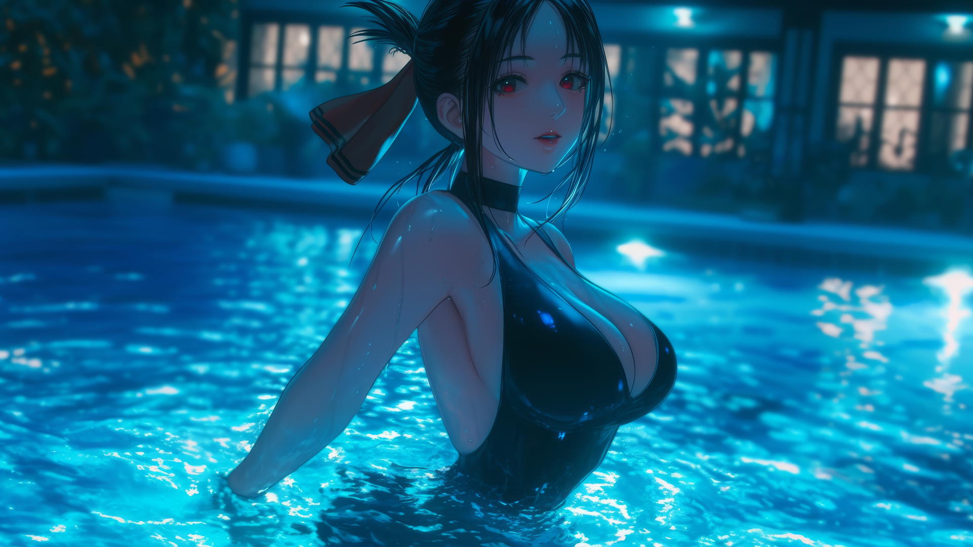 Kaguya Shinomiya with red eyes jumping out of a swimming pool under moonlight.