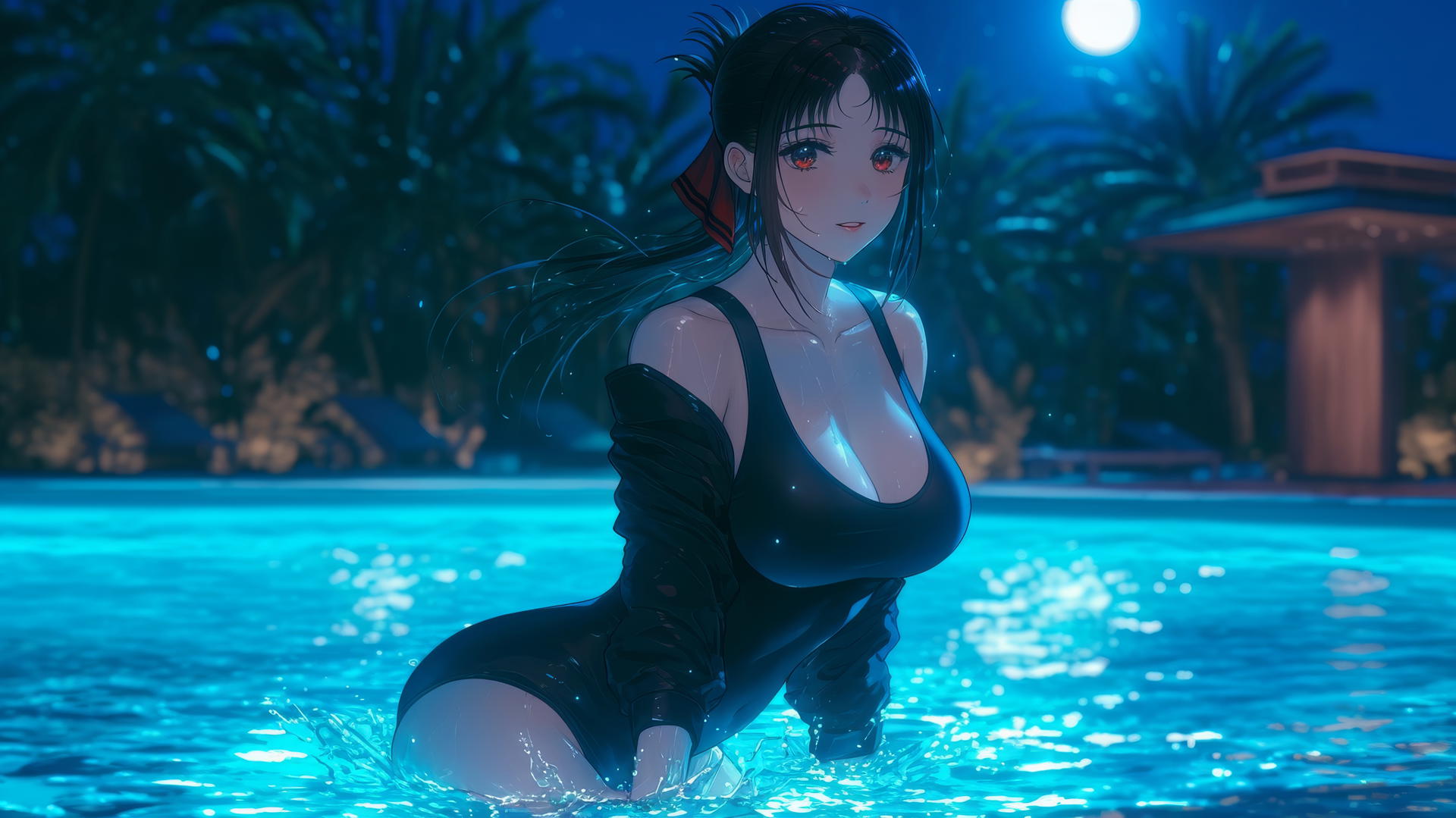 Kaguya Shinomiya with red eyes jumping out of a swimming pool under moonlight.