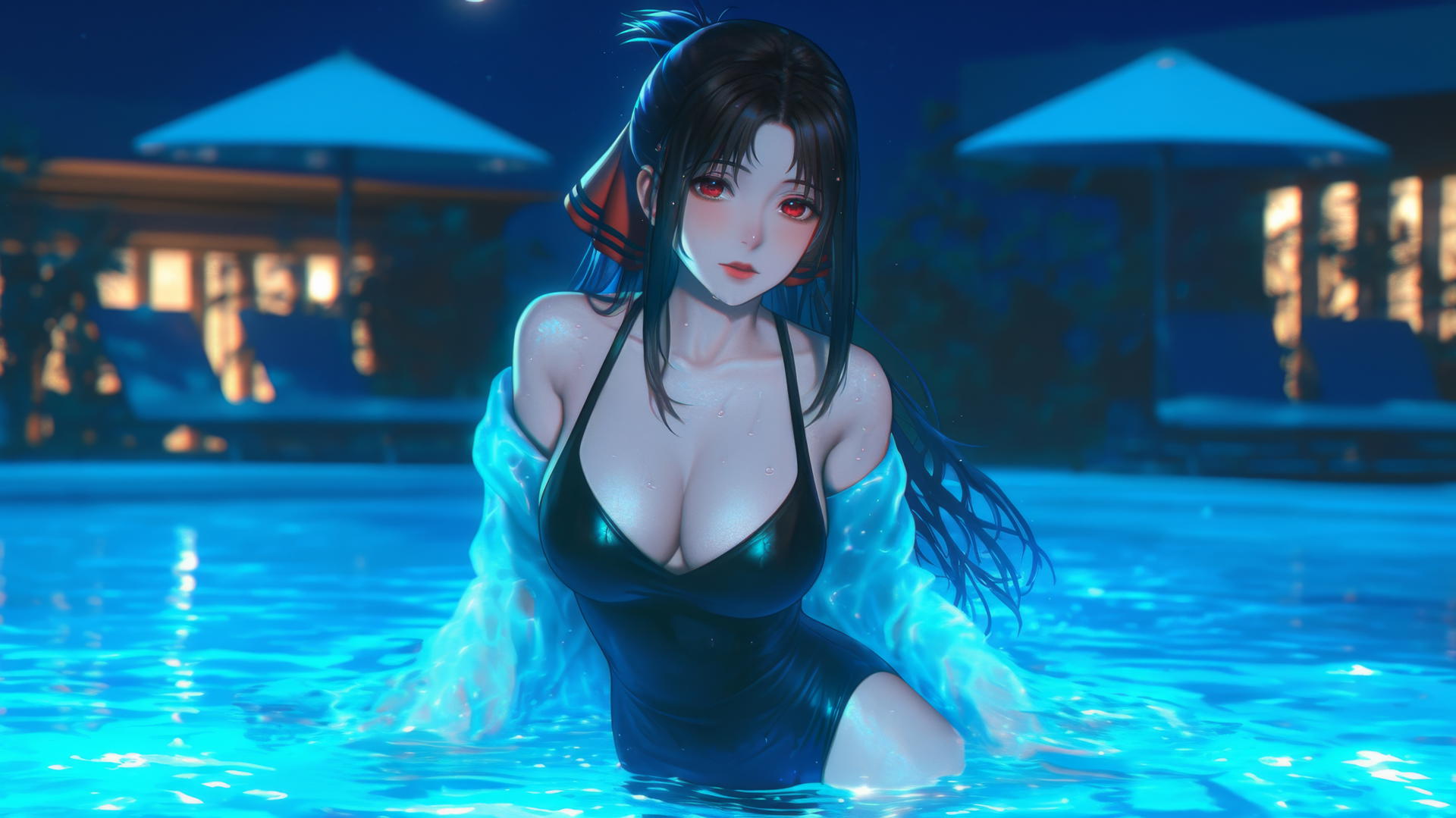 Kaguya Shinomiya with red eyes jumping out of a swimming pool under moonlight.