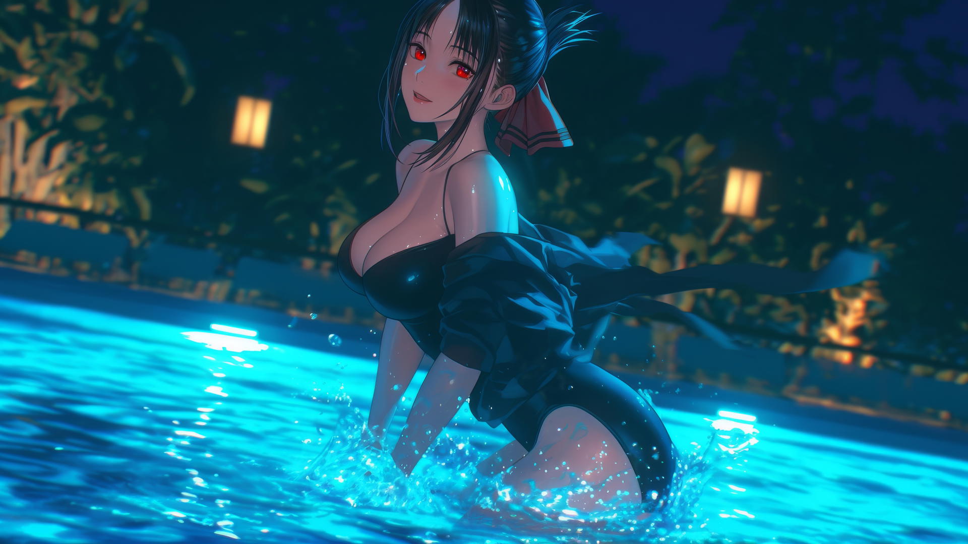 Kaguya Shinomiya with red eyes jumping out of a swimming pool under moonlight
