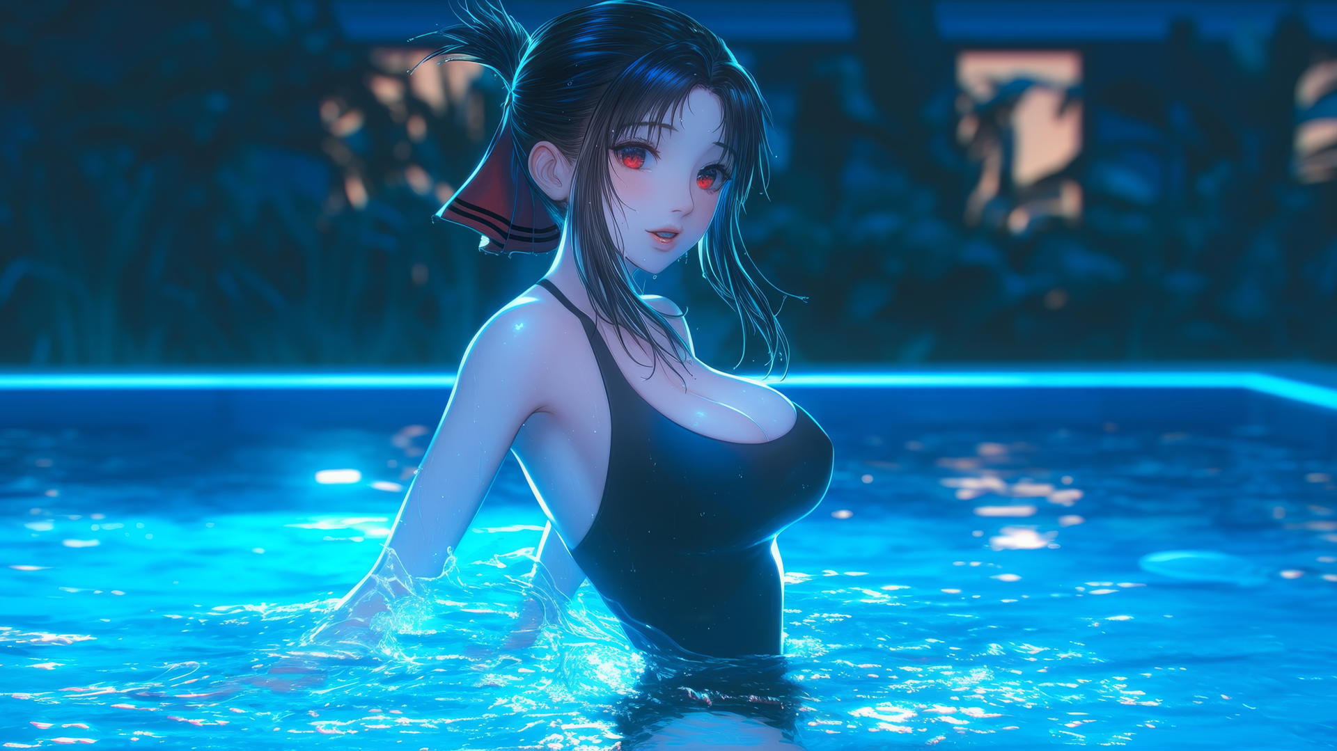 Kaguya Shinomiya jumping out of a swimming pool with moonlight casting a soft glow.