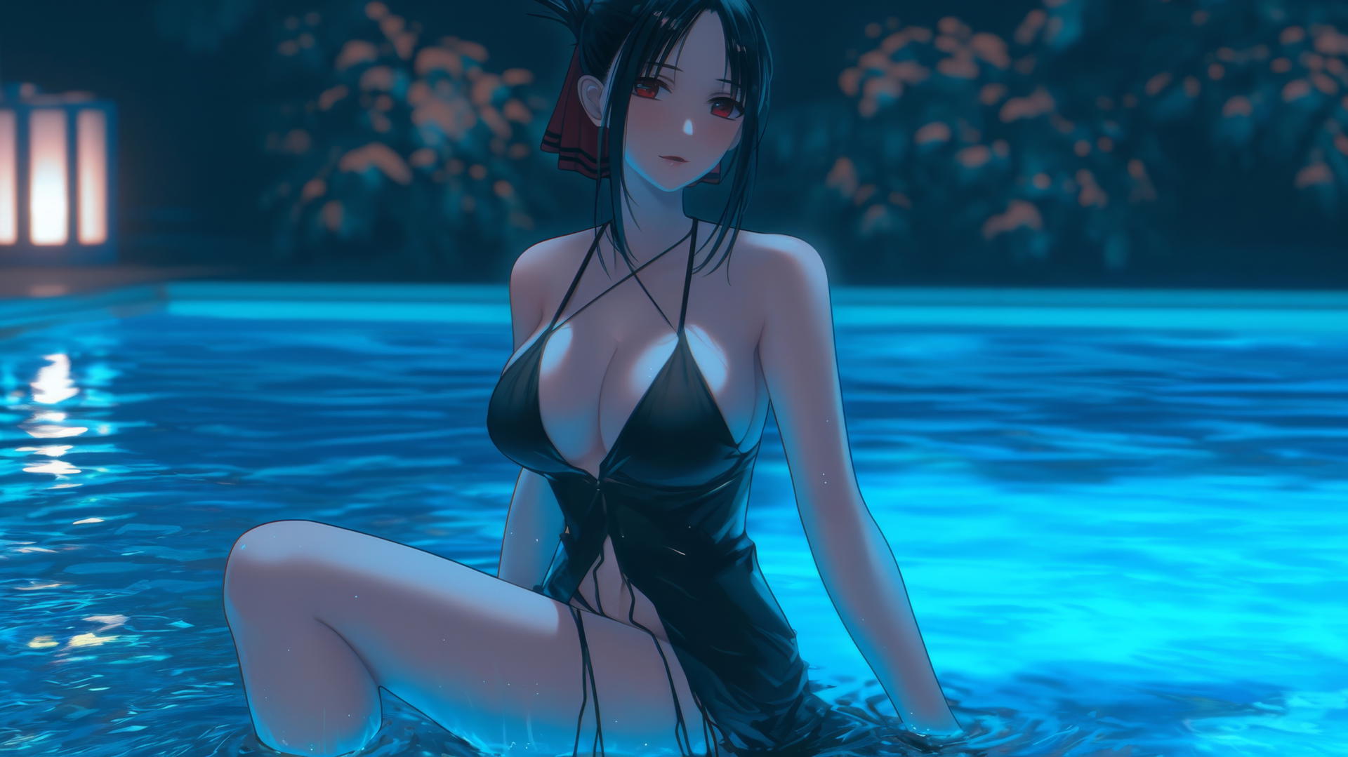 Kaguya Shinomiya with red eyes jumping out of a swimming pool under moonlight.