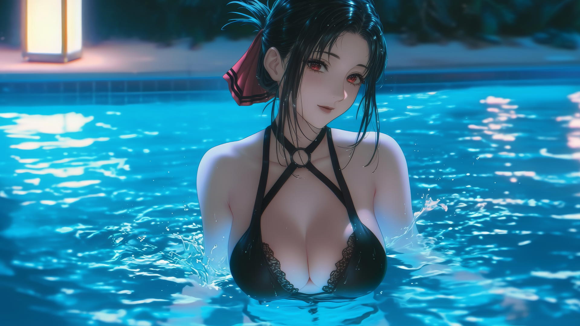 Kaguya Shinomiya with red eyes jumping out of a swimming pool under moonlight.