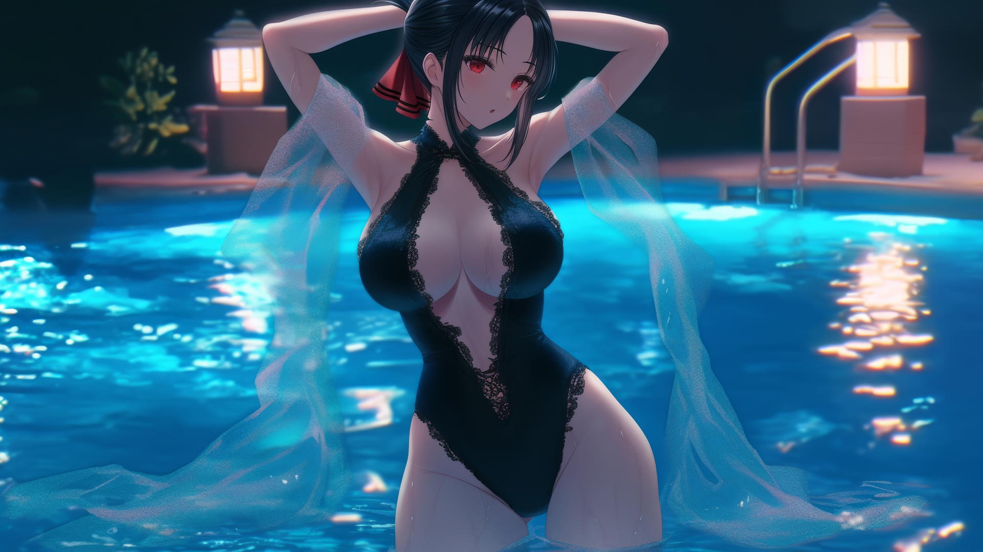 Kaguya Shinomiya with red eyes jumping out of a swimming pool under moonlight