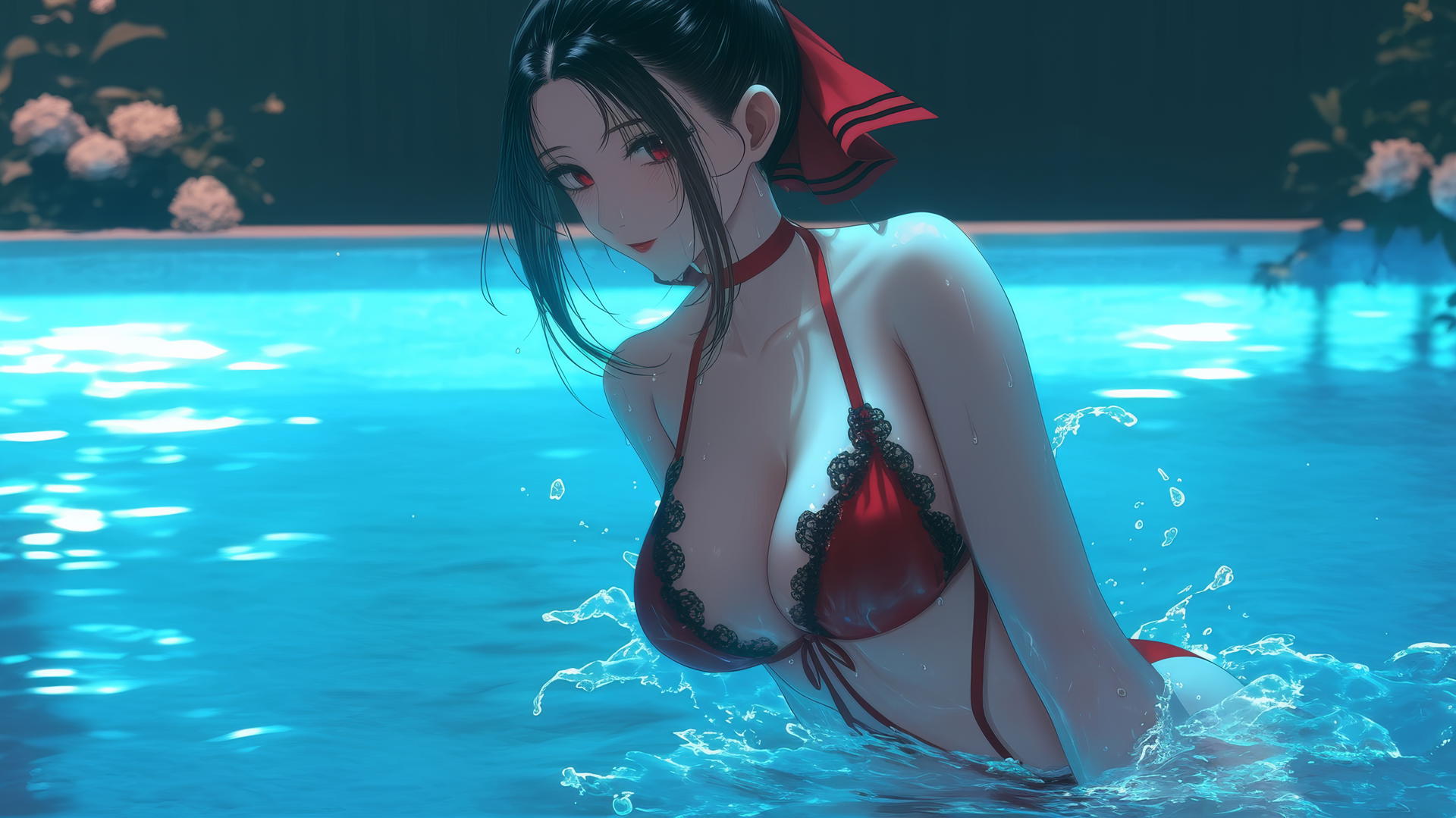 Kaguya Shinomiya with red eyes jumps out of a swimming pool under moonlight.