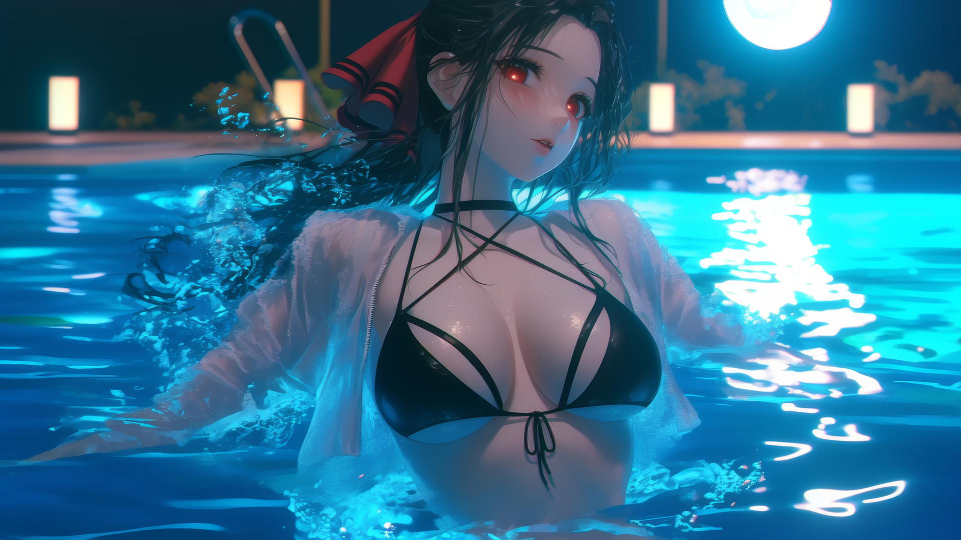 Kaguya Shinomiya with red eyes and red outfit, jumping out of a swimming pool under moonlight.