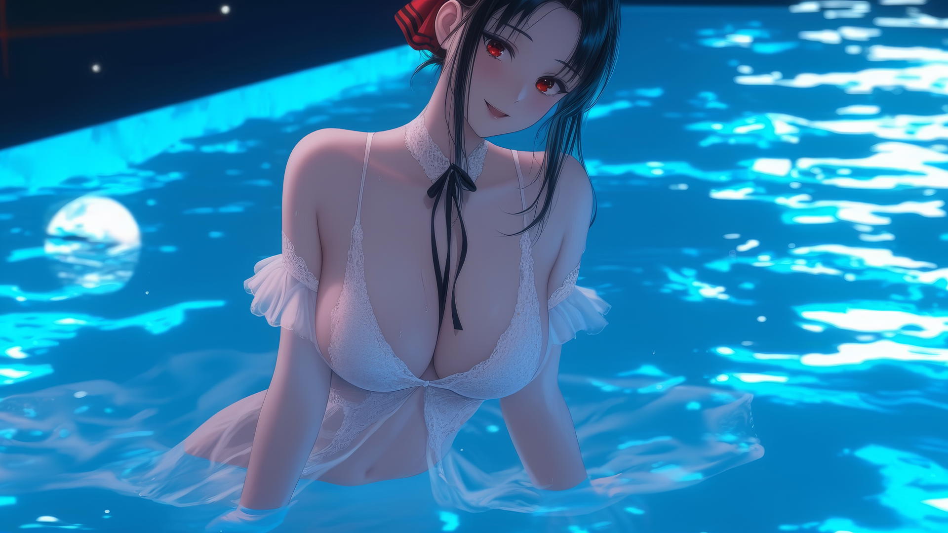 Kaguya Shinomiya with red eyes, in white, jumping from a swimming pool under moonlight